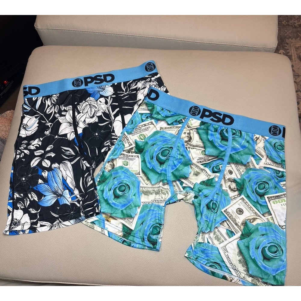 Mens PSD XL Boxer Briefs Underwear 2-Pack Blue/Black Roses Money Print NWOT